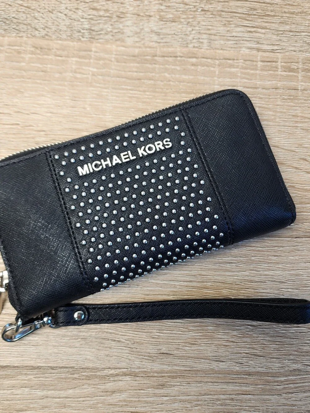 MICHAEL KORS Saffiano Studded Black Leather Silver Wristlet Zip Wallet Clutch